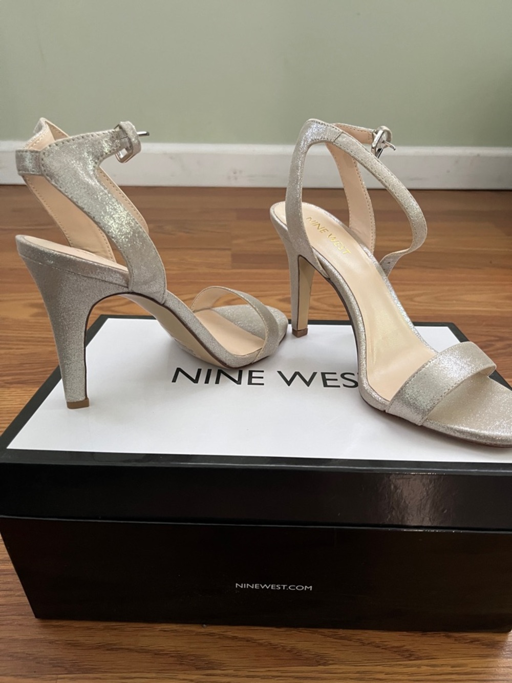 Nine West Shimmery Silver Open-Toe Ankle-Strap Heels